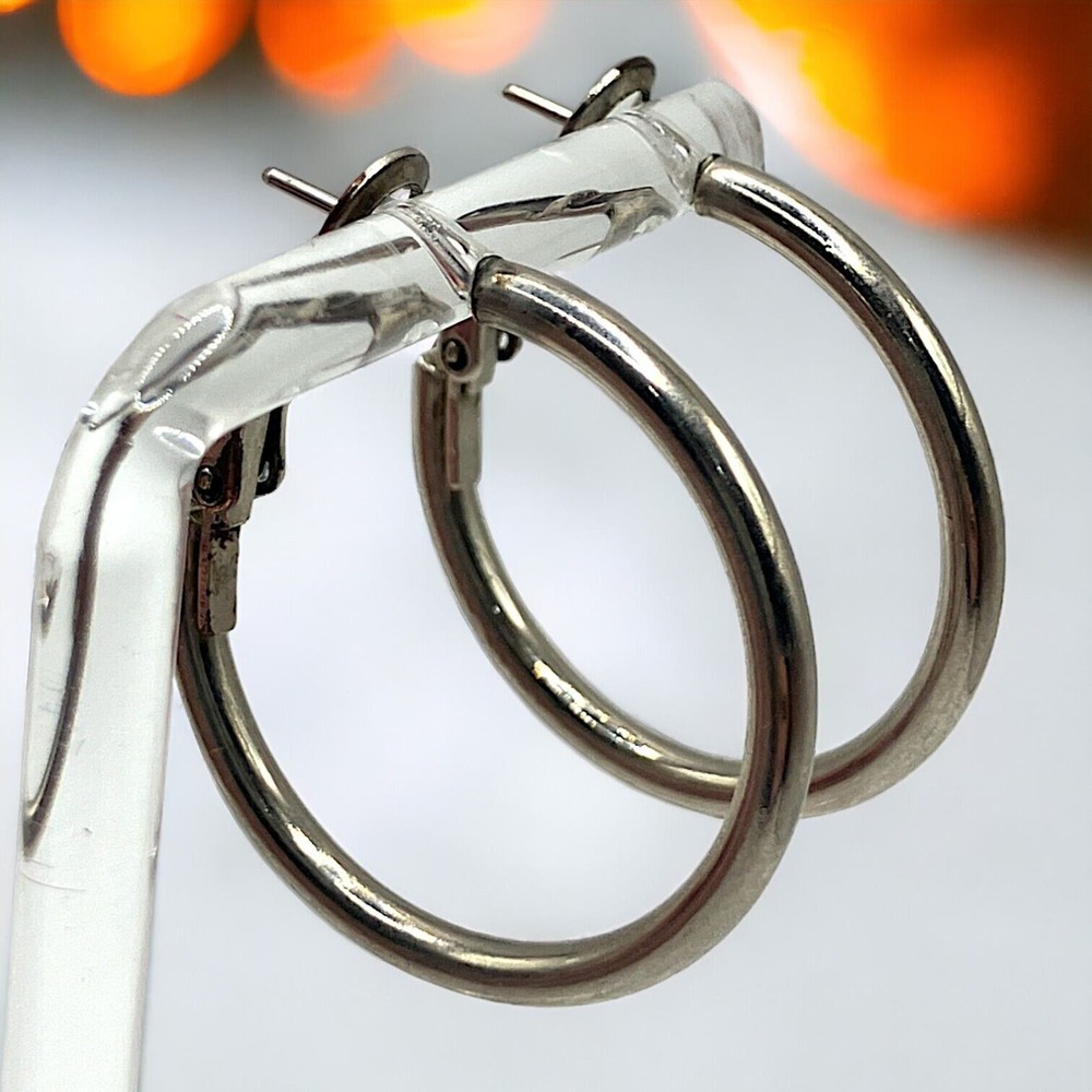 Vintage Large Silver-Tone Hoop 1 1/8 Inch Earrings! - Picture 2 of 8